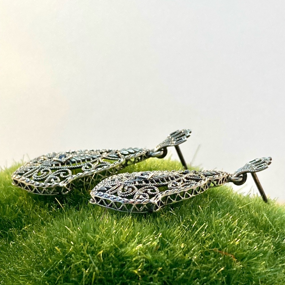 Ornate Vintage Filigree Sterling Silver and Diamond or Sapphire Earrings - Picture 5 of 8
